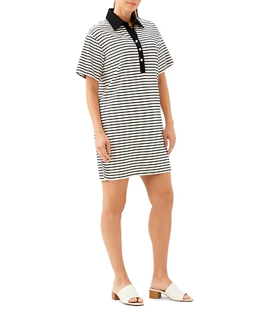 Karen Kane Ponte Knit Stripe Henley Polo Collar Short Sleeve Shift Dress