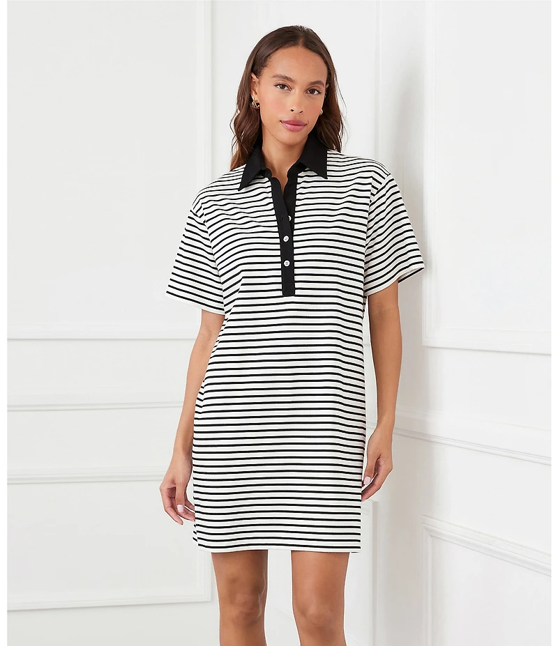 Karen Kane Ponte Knit Stripe Henley Polo Collar Short Sleeve Shift Dress