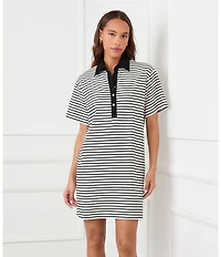 Karen Kane Ponte Knit Stripe Henley Polo Collar Short Sleeve Shift Dress