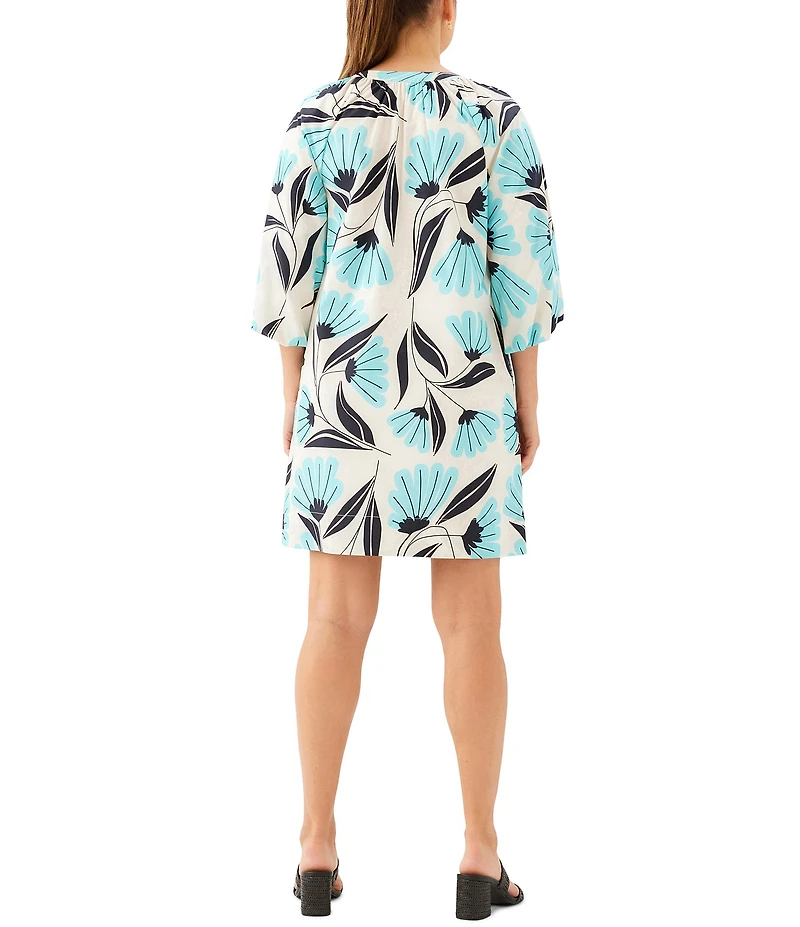 Karen Kane Poplin Aqua Bloom Floral V-Neck 3/4 Puff Sleeve Peasant Dress