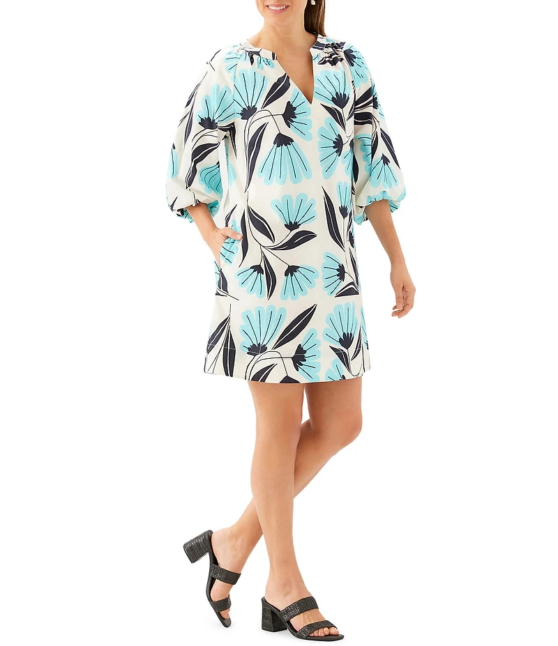 Karen Kane Poplin Aqua Bloom Floral V-Neck 3/4 Puff Sleeve Peasant Dress
