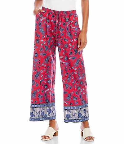Karen Kane Poplin Batik Border Print Drawstring Wide Leg Cropped Pants
