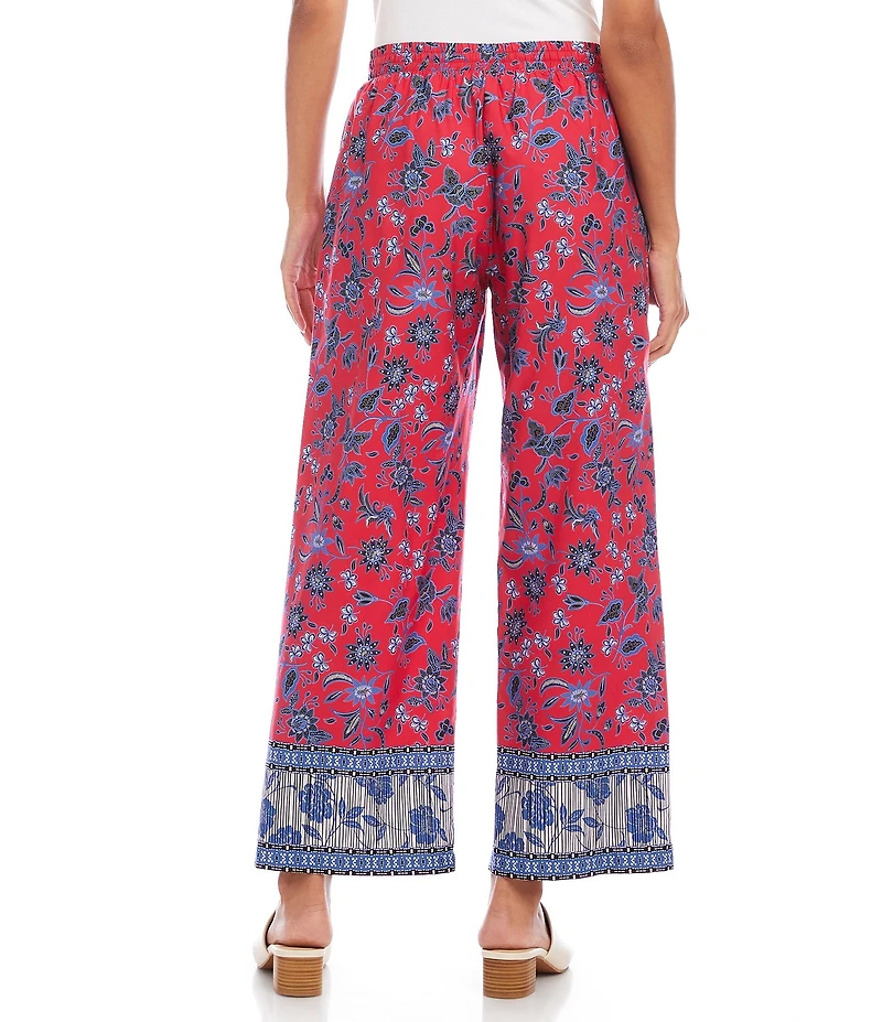 Karen Kane Poplin Batik Border Print Drawstring Wide Leg Cropped Pants