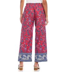 Karen Kane Poplin Batik Border Print Drawstring Wide Leg Cropped Pants