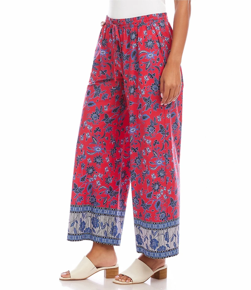 Karen Kane Poplin Batik Border Print Drawstring Wide Leg Cropped Pants