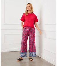 Karen Kane Poplin Batik Border Print Drawstring Wide Leg Cropped Pants