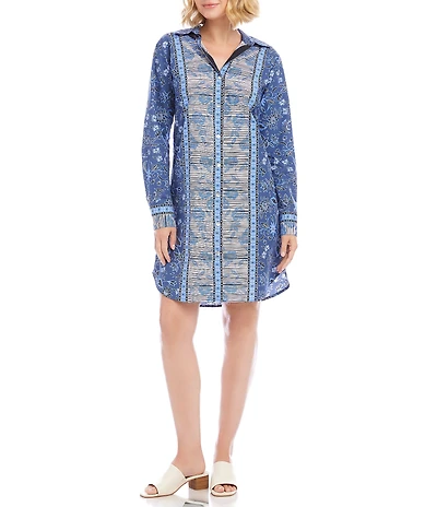 Karen Kane Poplin Batik Border Print Point Collar Long Sleeve Button-Front Shirt Dress