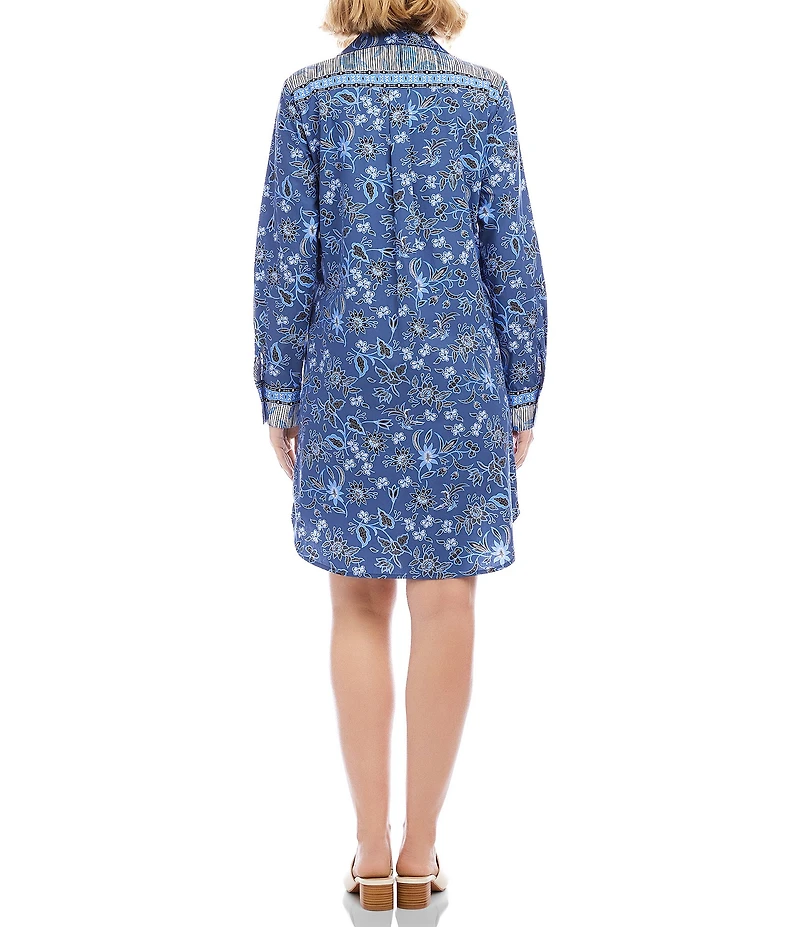 Karen Kane Poplin Batik Border Print Point Collar Long Sleeve Button-Front Shirt Dress