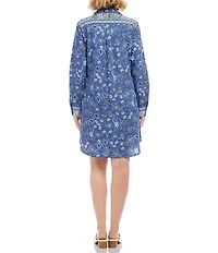 Karen Kane Poplin Batik Border Print Point Collar Long Sleeve Button-Front Shirt Dress