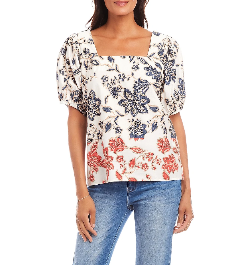 Karen Kane Poplin Batik Print Square Neck Puffed Short Sleeve Top