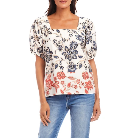 Karen Kane Poplin Batik Print Square Neck Puffed Short Sleeve Top