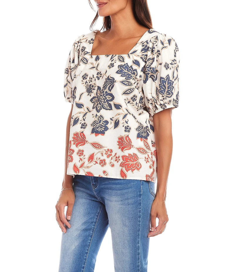 Karen Kane Poplin Batik Print Square Neck Puffed Short Sleeve Top