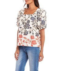 Karen Kane Poplin Batik Print Square Neck Puffed Short Sleeve Top