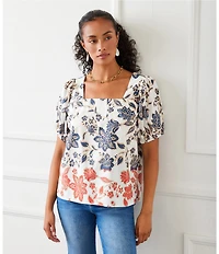 Karen Kane Poplin Batik Print Square Neck Puffed Short Sleeve Top