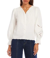 Karen Kane Poplin Cutwork Embroidered V-Neck Long Sleeve Scalloped Trim Button Front Shirt