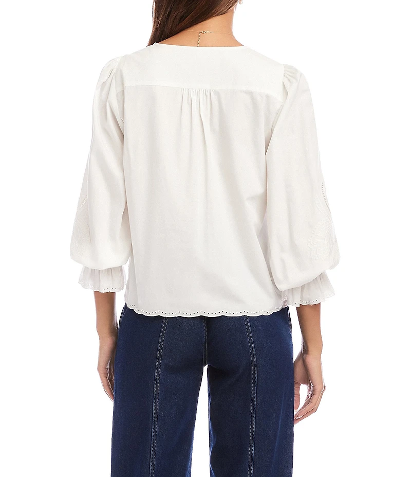 Karen Kane Poplin Cutwork Embroidered V-Neck Long Sleeve Scalloped Trim Button Front Shirt