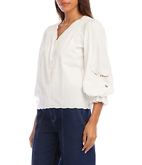 Karen Kane Poplin Cutwork Embroidered V-Neck Long Sleeve Scalloped Trim Button Front Shirt