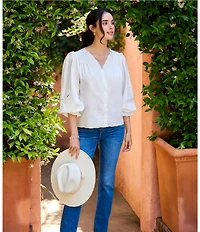 Karen Kane Poplin Cutwork Embroidered V-Neck Long Sleeve Scalloped Trim Button Front Shirt