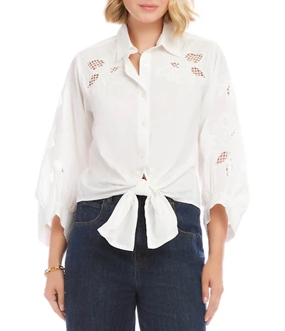Karen Kane Poplin Embroidered Cutwork Point Collar 3/4 Blouson Sleeve Tie Front Top