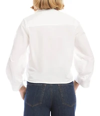 Karen Kane Poplin Embroidered Cutwork Point Collar 3/4 Blouson Sleeve Tie Front Top