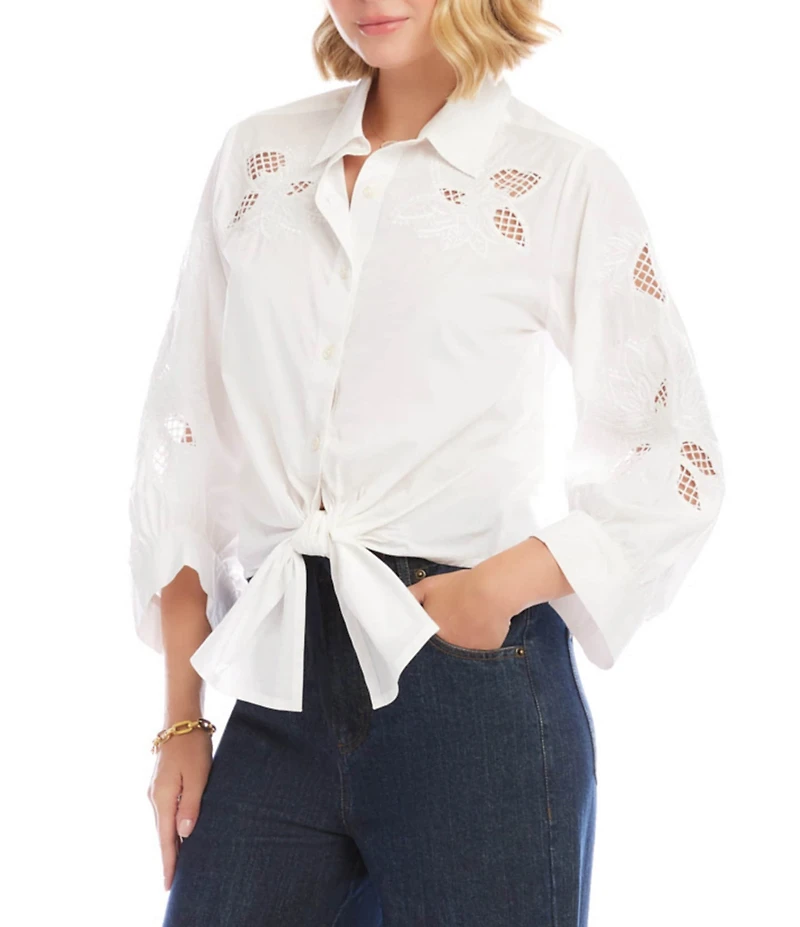 Karen Kane Poplin Embroidered Cutwork Point Collar 3/4 Blouson Sleeve Tie Front Top