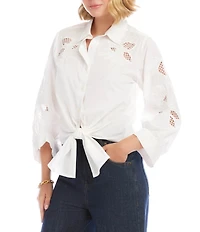 Karen Kane Poplin Embroidered Cutwork Point Collar 3/4 Blouson Sleeve Tie Front Top