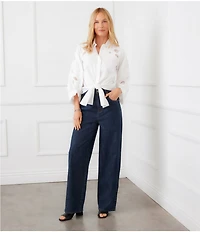 Karen Kane Poplin Embroidered Cutwork Point Collar 3/4 Blouson Sleeve Tie Front Top