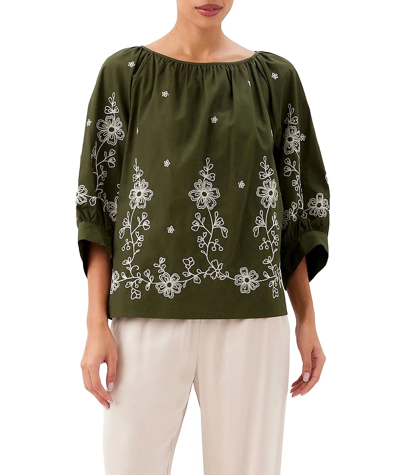 Karen Kane Poplin Embroidered Scoop Neck 3/4 Blouson Sleeve Top