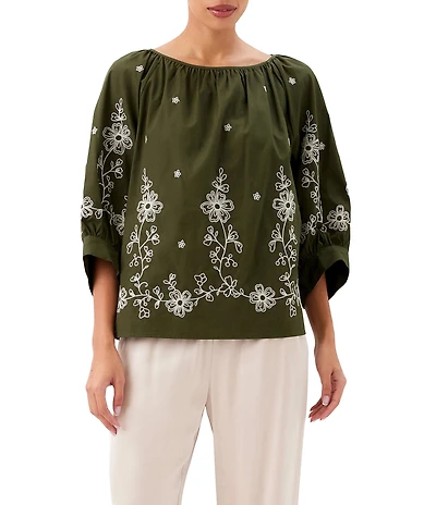 Karen Kane Poplin Embroidered Scoop Neck 3/4 Blouson Sleeve Top