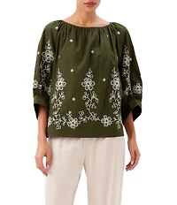 Karen Kane Poplin Embroidered Scoop Neck 3/4 Blouson Sleeve Top