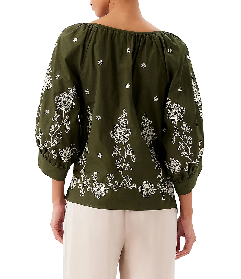Karen Kane Poplin Embroidered Scoop Neck 3/4 Blouson Sleeve Top