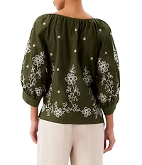 Karen Kane Poplin Embroidered Scoop Neck 3/4 Blouson Sleeve Top