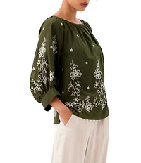 Karen Kane Poplin Embroidered Scoop Neck 3/4 Blouson Sleeve Top