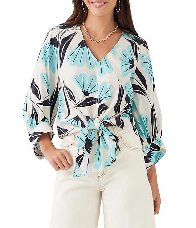 Karen Kane Poplin Floral V-Neck 3/4 Blouson Sleeve Tie Front Top