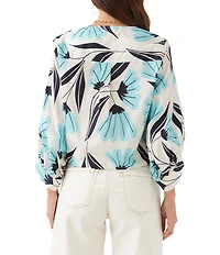 Karen Kane Poplin Floral V-Neck 3/4 Blouson Sleeve Tie Front Top