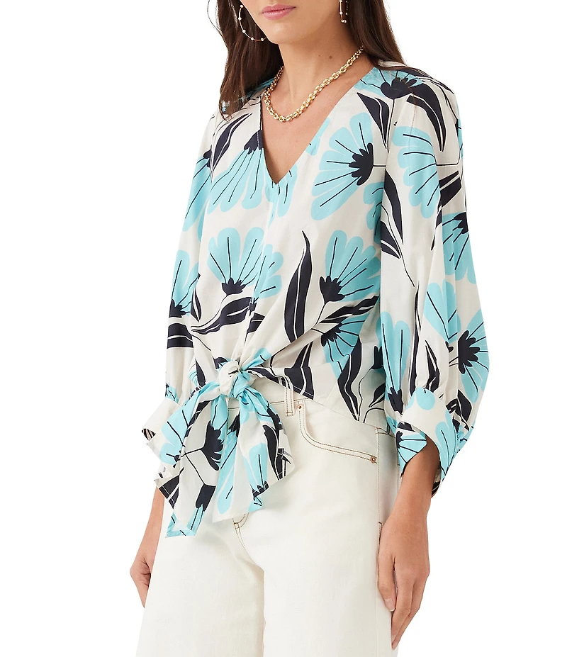 Karen Kane Poplin Floral V-Neck 3/4 Blouson Sleeve Tie Front Top