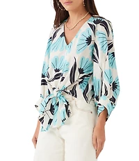 Karen Kane Poplin Floral V-Neck 3/4 Blouson Sleeve Tie Front Top