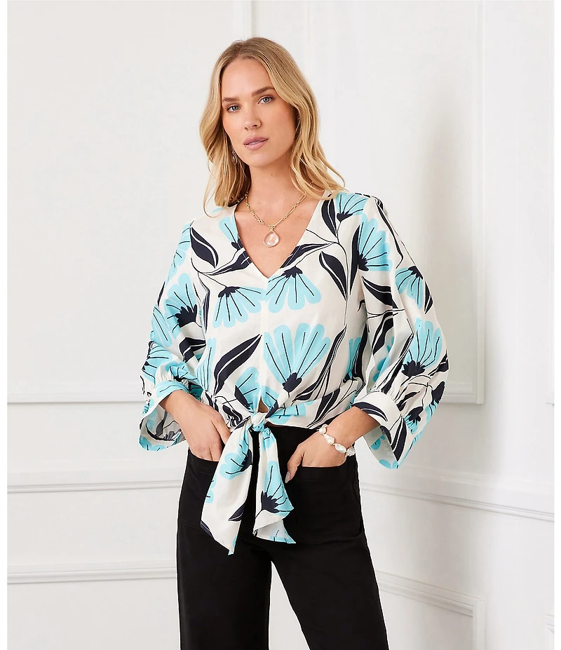 Karen Kane Poplin Floral V-Neck 3/4 Blouson Sleeve Tie Front Top