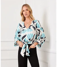 Karen Kane Poplin Floral V-Neck 3/4 Blouson Sleeve Tie Front Top