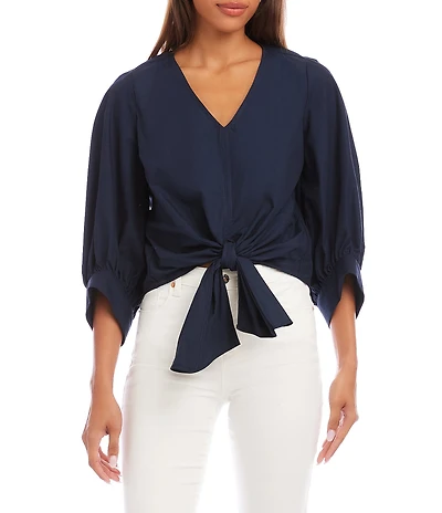 Karen Kane Poplin V-Neck 3/4 Blouson Sleeve Tie Front Top