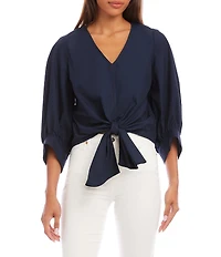 Karen Kane Poplin V-Neck 3/4 Blouson Sleeve Tie Front Top