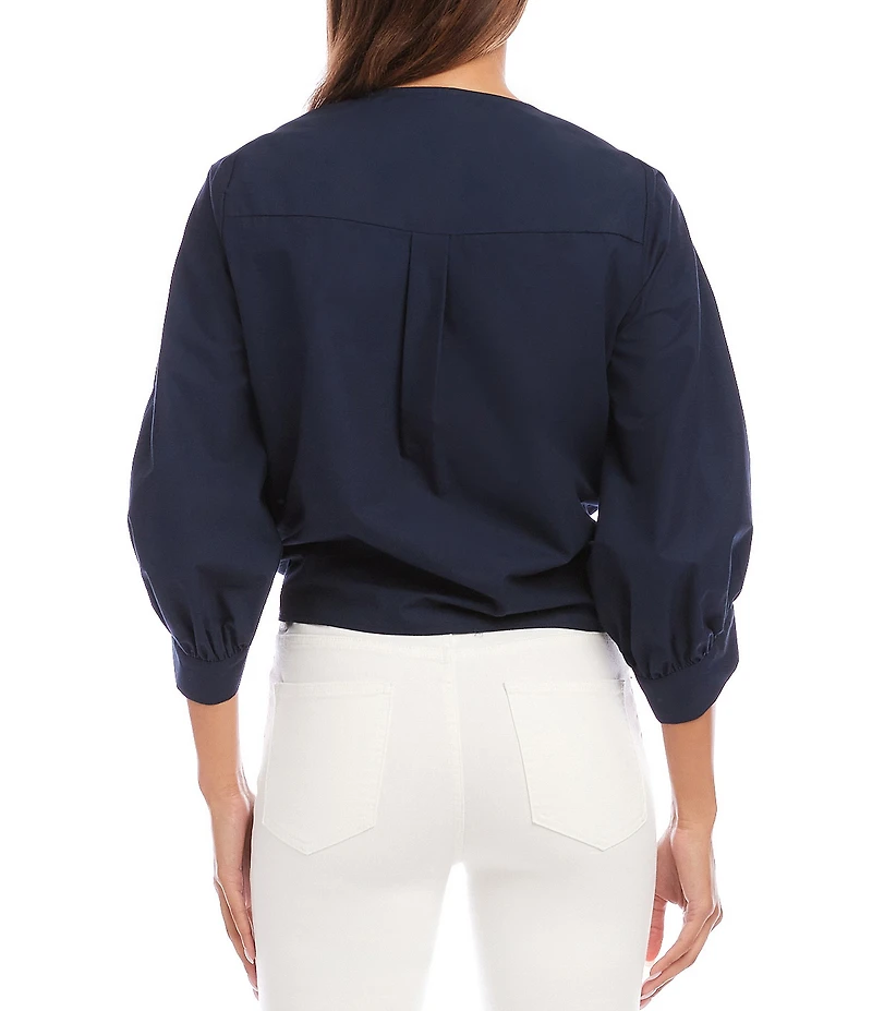 Karen Kane Poplin V-Neck 3/4 Blouson Sleeve Tie Front Top