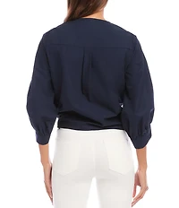 Karen Kane Poplin V-Neck 3/4 Blouson Sleeve Tie Front Top