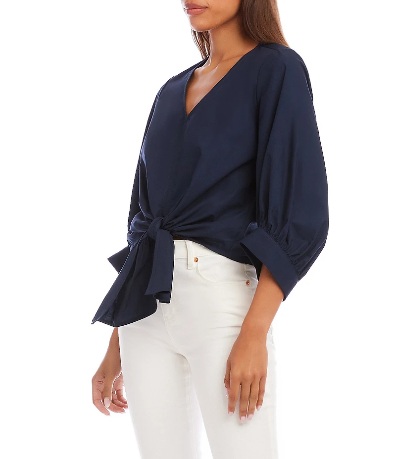 Karen Kane Poplin V-Neck 3/4 Blouson Sleeve Tie Front Top