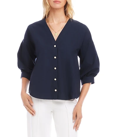 Karen Kane Poplin V-Neck 3/4 Lantern Sleeve Pearl Button Front Shirt
