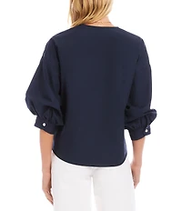 Karen Kane Poplin V-Neck 3/4 Lantern Sleeve Pearl Button Front Shirt