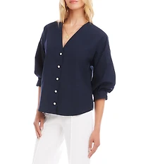 Karen Kane Poplin V-Neck 3/4 Lantern Sleeve Pearl Button Front Shirt