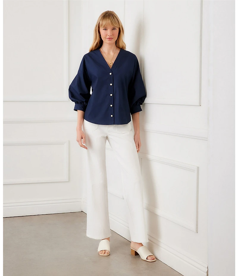 Karen Kane Poplin V-Neck 3/4 Lantern Sleeve Pearl Button Front Shirt