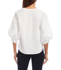 Karen Kane Poplin V-Neck 3/4 Lantern Sleeve Pearl Button Front Shirt