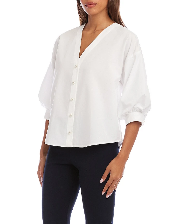 Karen Kane Poplin V-Neck 3/4 Lantern Sleeve Pearl Button Front Shirt